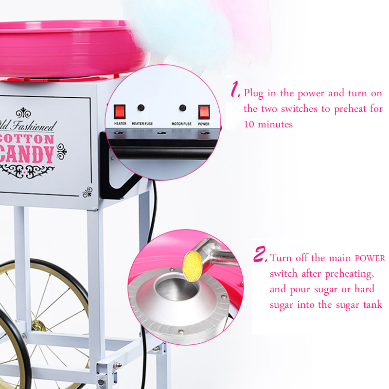 Commercial Cotton Candy Cart - เครื่องลูกอมฝ้ายกําลังสูงเชิงพาณิชย์แฟนซีไฟฟ้ามือถือแผงลอยรถเข็นเครื่องลูกอมฝ้ายสี