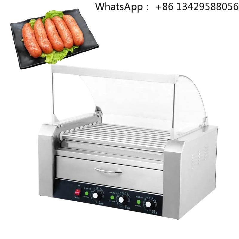 Hot Dog Roller Grill Commercial - เครื่องทำฮอทดอกสแตนเลส 11 แท่ง พร้อมเครื่องอุ่นขนมปัง สภาพใหม่ เตาย่างไฟฟ้าแบบลูกกลิ้งสำหรับร้านขายไส้กรอก