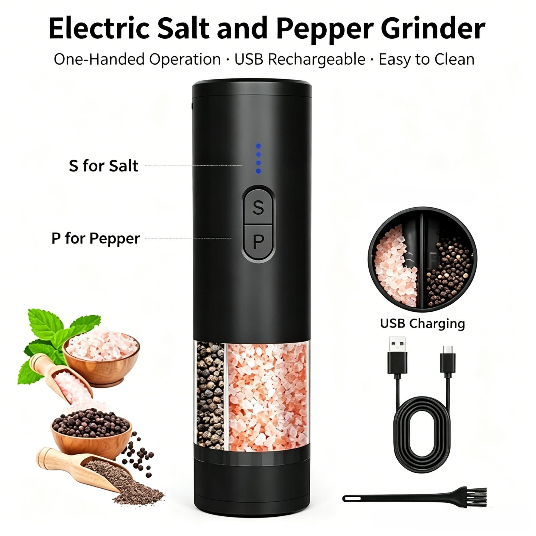 Popcorn Seasoning Salt Butter - เครื่องบดพริกไทยแบบชาร์จไฟได้, ไฟ LED, ปรับความละเอียดได้, ออกแบบมาเพื่อการปรุงอาหารด้วยมือเดียว, เหมาะสำหรับใช้ในบ้านและห้องครัว