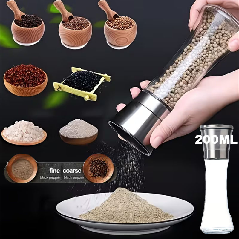 Popcorn Seasoning Salt Butter - เครื่องบดพริกไทย 200 มล. ขวดแก้วสแตนเลส เครื่องบดพริกไทยและเกลือแบบมือหมุน ปรับความละเอียดได้