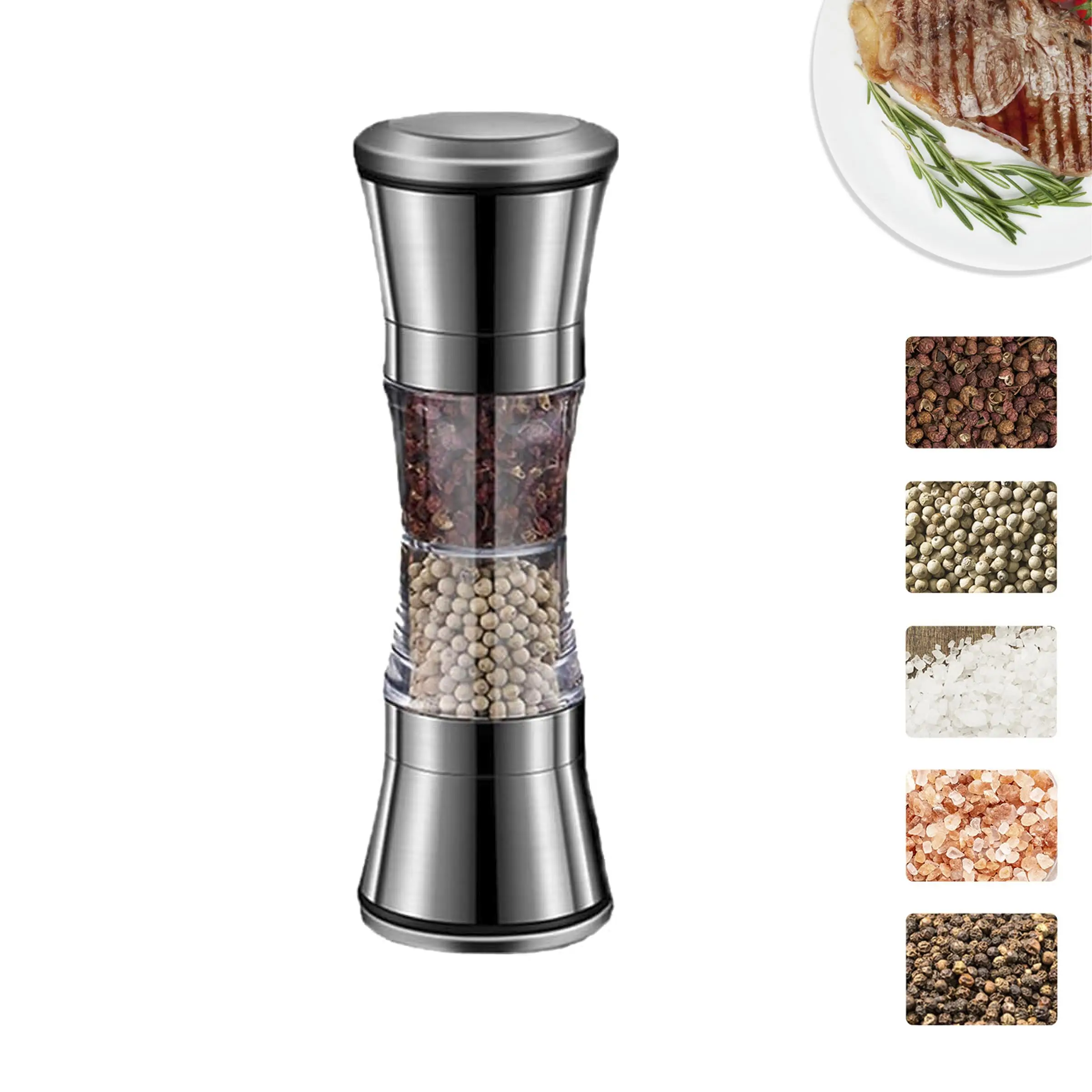 Popcorn Seasoning Salt Butter - เครื่องบดพริกไทยและเกลือแบบมือหมุน 2-in-1 สแตนเลสสตีล ทนทานต่อสนิม พร้อมระบบปรับระดับความละเอียด หัวบดคู่สำหรับใช้ในครัว