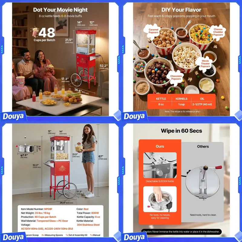 เครื่องทำป๊อปคอร์นพร้อมรถเข็น, - Commercial Popcorn Machine 8Oz Kettle บทวิจารณ์และราคา